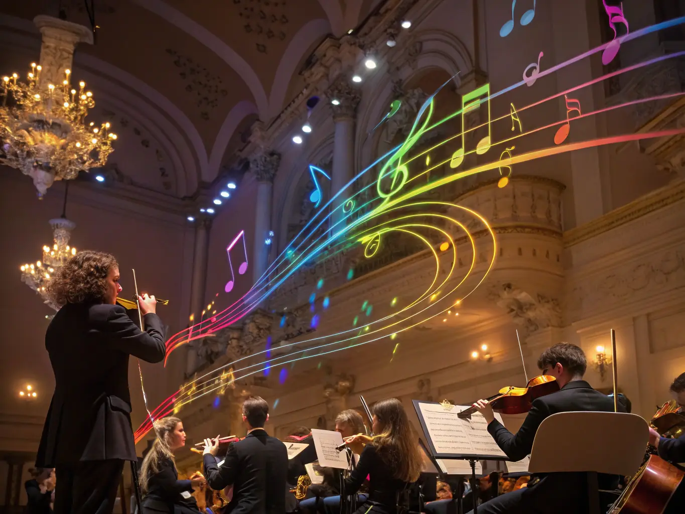 A vibrant photograph capturing the energy of a live orchestra performance at the Canberra International Music Festival, with musicians passionately playing their instruments and the audience captivated by the music.
