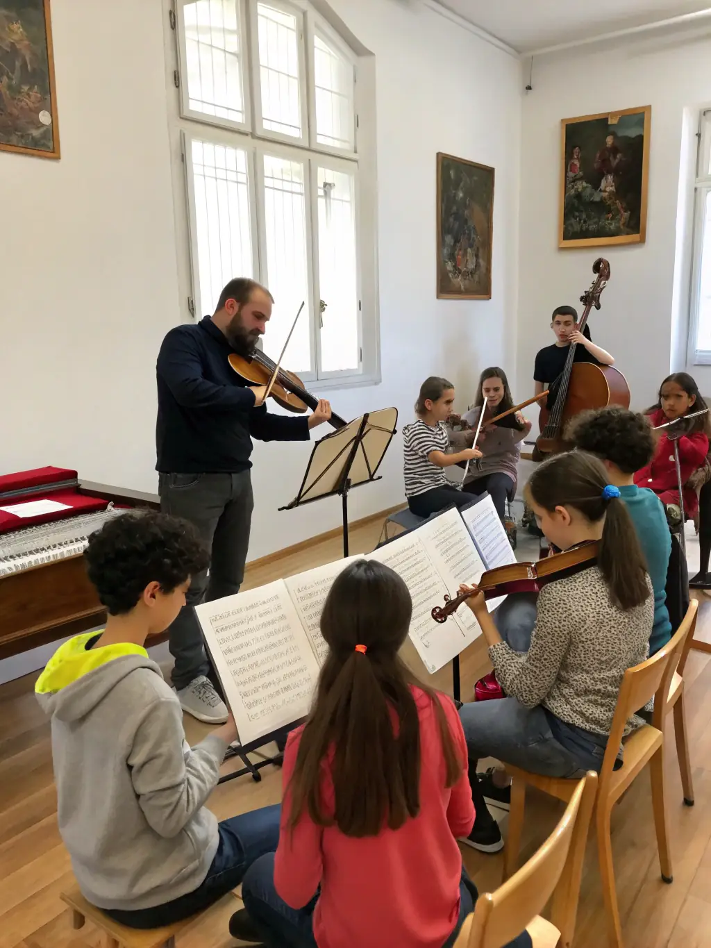 A vibrant image of young students participating in a music workshop, learning to play instruments with guidance from experienced instructors at the Canberra International Music Festival.
