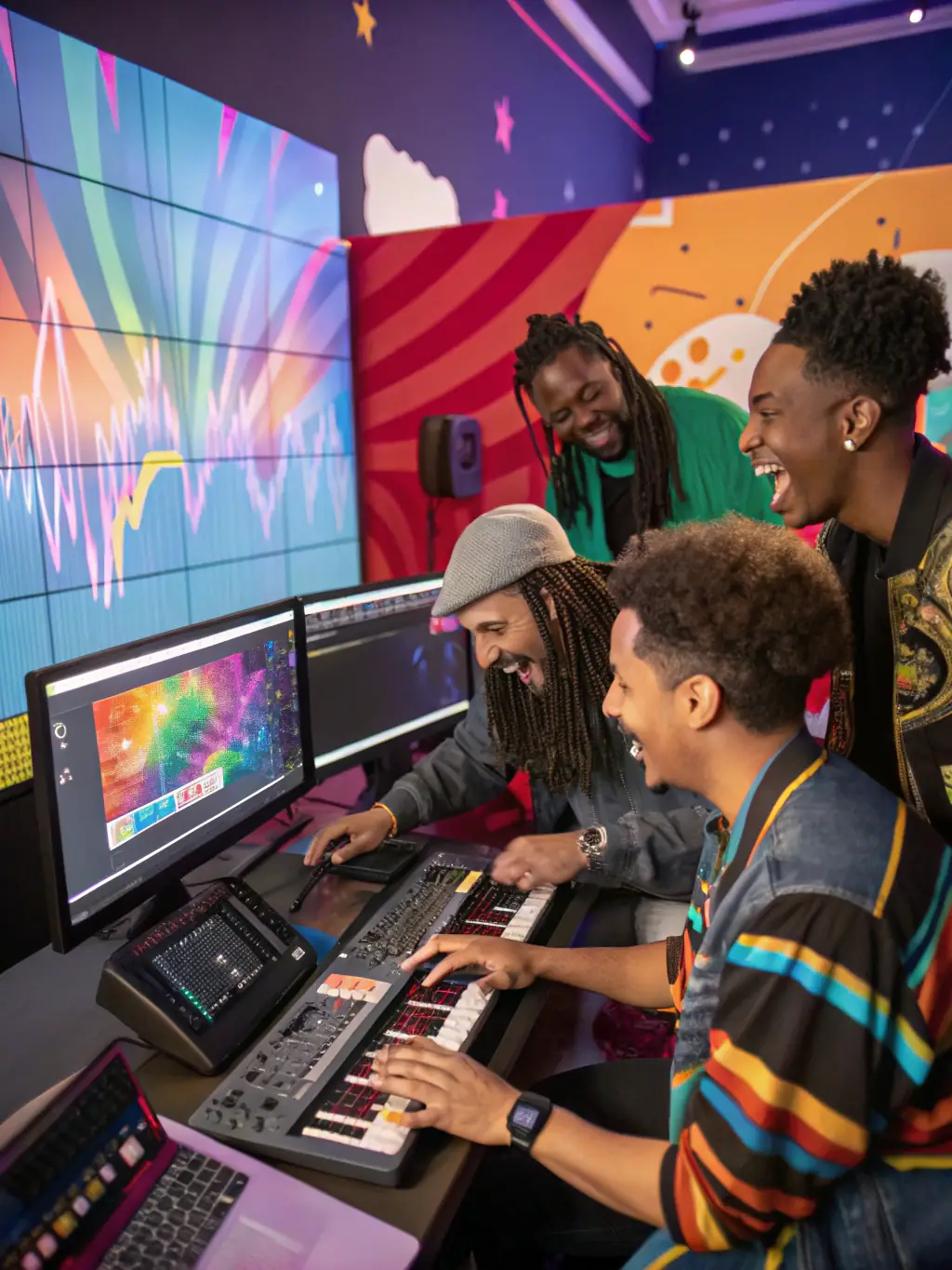 A dynamic image of participants collaborating in a group music project, showcasing teamwork and creative expression during an educational program at the Canberra International Music Festival.