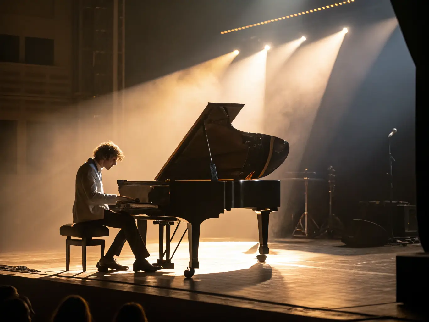 A captivating image of a solo pianist performing on a grand piano in a concert hall, with focused lighting highlighting the performer.