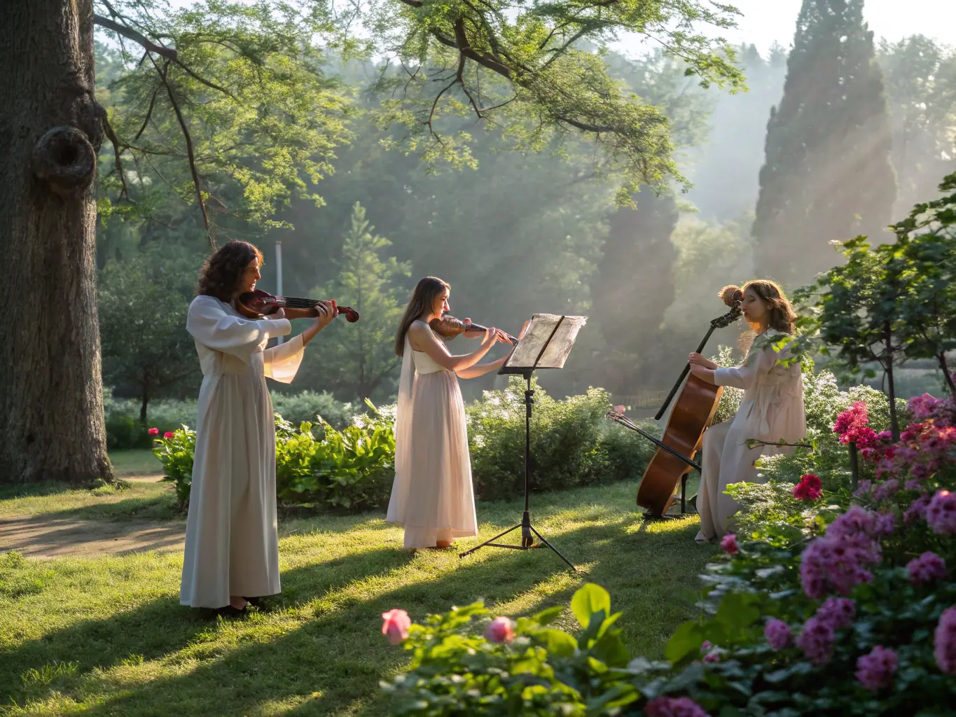 A vibrant image of a string quartet performing outdoors at sunset, with the audience visible in the background, enjoying the music.