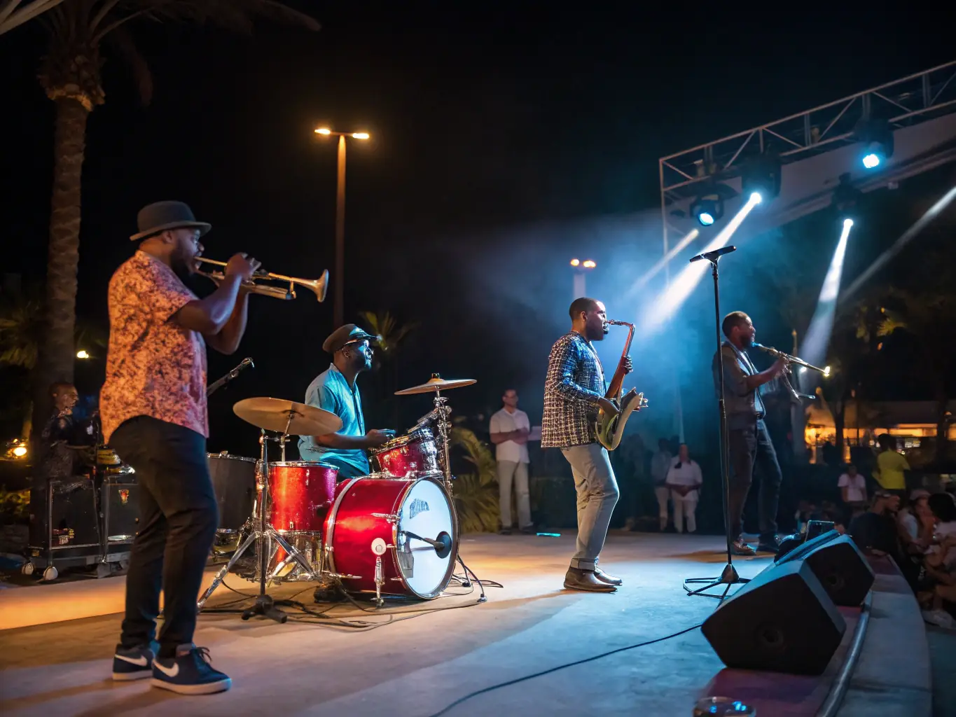 A dynamic image of a jazz ensemble performing on stage, with colorful lighting and enthusiastic audience members.